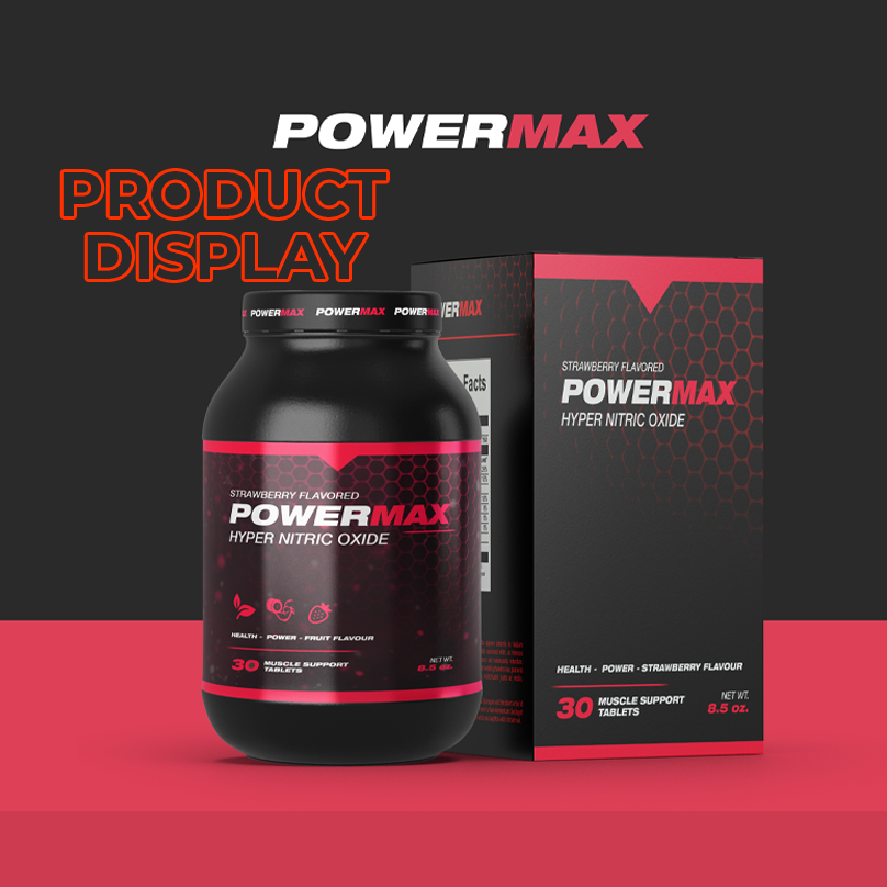 PowerMax Hyper Nitric Oxide supplement jar and box mockup in strawberry flavor, black and red packaging design for product display.