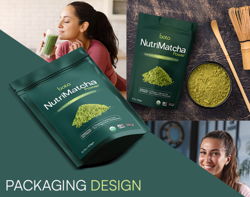 NutriMatcha Power green tea powder packaging design featuring pouch mockups, matcha powder, and women enjoying healthy drinks.