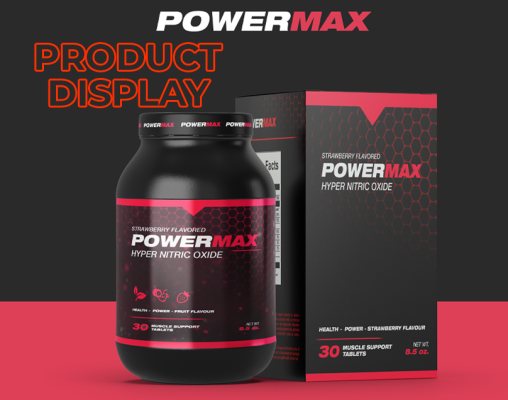 PowerMax Hyper Nitric Oxide supplement jar and box mockup in strawberry flavor, black and red packaging design for product display.
