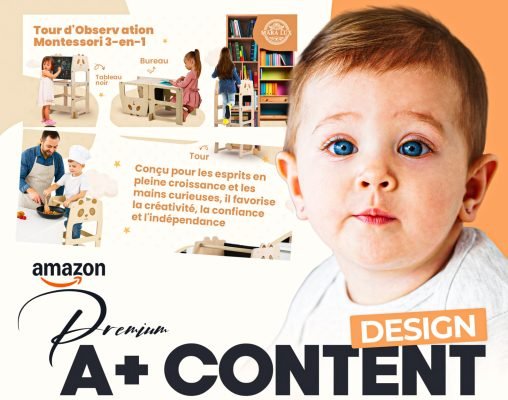 Amazon Premium A+ Content design for Montessori 3-in-1 observation tower featuring kids and parents using educational furniture with bright orange and white layout.