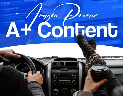 Amazon Premium A+ Content design showing a couple in a car with modern blue branding and large typography for lifestyle presentation.