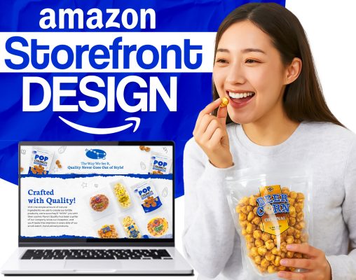 Amazon storefront design showing woman eating popcorn and laptop displaying Pop Crunch store page with blue and white design.