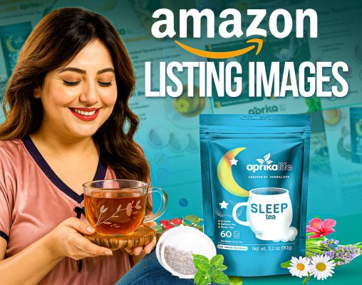 Amazon listing image design for Aprika Life Sleep Tea showing woman enjoying herbal tea with packaging, herbs, and natural ingredients.
