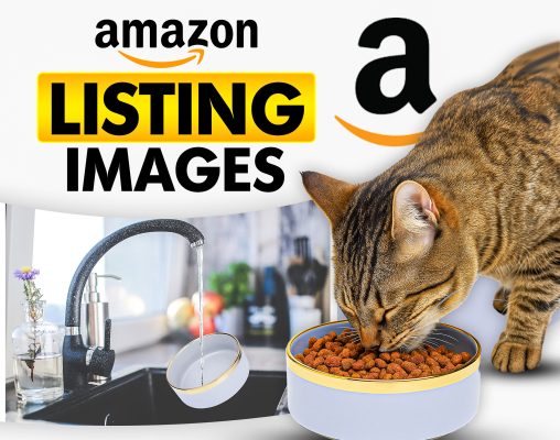 Amazon listing image design showing cat eating from bowl with water pouring from tap in clean kitchen background, white and yellow color theme.
