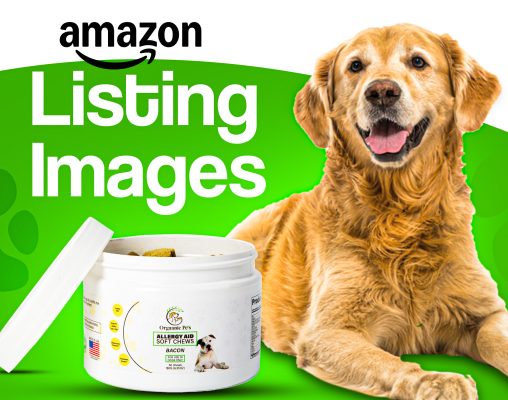 Amazon listing image design showing golden retriever dog with allergy aid soft chews container in green theme for pet supplement.