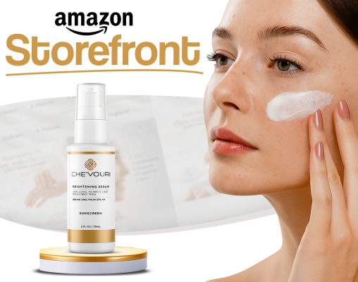 Amazon storefront design for Chevouri brightening serum and sunscreen featuring woman applying cream on face with product bottle in focus.