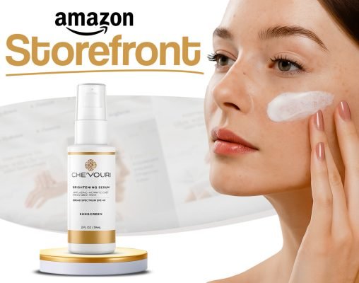Amazon storefront design for Chevouri brightening serum and sunscreen featuring woman applying cream on face with product bottle in focus.