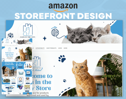 Amazon storefront design for Cats in the City pet store showing multiple cats, blue and white branding, and pet product categories.
